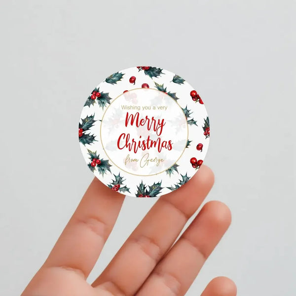 Personalised Merry Christmas Sticker Labels Holly Custom - Sticksy Prints Australia