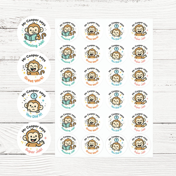 Personalised Monkey Teacher Reward Stickers – Custom Name Classroom Praise Stickers