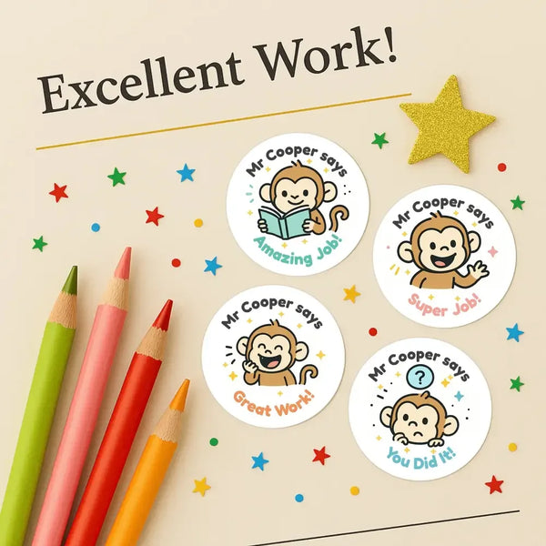 Personalised Monkey Teacher Reward Stickers – Custom Name Classroom Praise Stickers - Sticksy Prints Australia