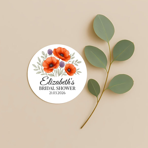 Personalised Orange Poppy Bridal Shower Stickers – Custom Name & Date – Watercolour Floral Favour Labels
