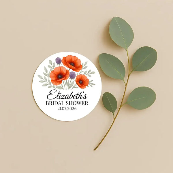 Personalised Orange Poppy Bridal Shower Stickers – Custom Name & Date – Watercolour Floral Favour Labels - Sticksy Prints Australia