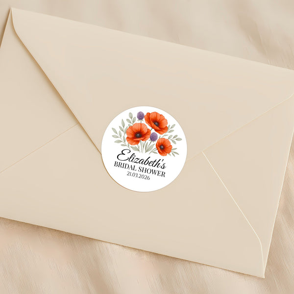 Personalised Orange Poppy Bridal Shower Stickers – Custom Name & Date – Watercolour Floral Favour Labels
