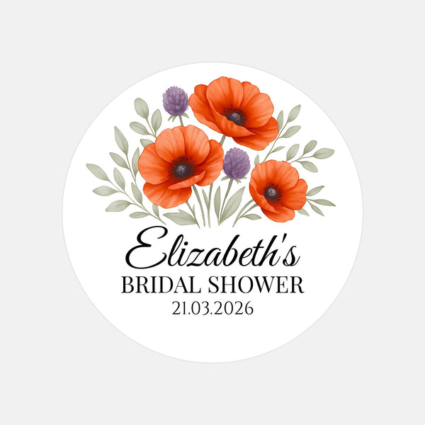 Personalised Orange Poppy Bridal Shower Stickers – Custom Name & Date – Watercolour Floral Favour Labels