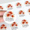 Personalised Orange Poppy Bridal Shower Stickers – Custom Name & Date – Watercolour Floral Favour Labels