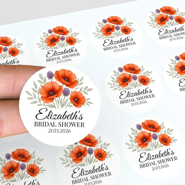 Personalised Orange Poppy Bridal Shower Stickers – Custom Name & Date – Watercolour Floral Favour Labels - Sticksy Prints Australia