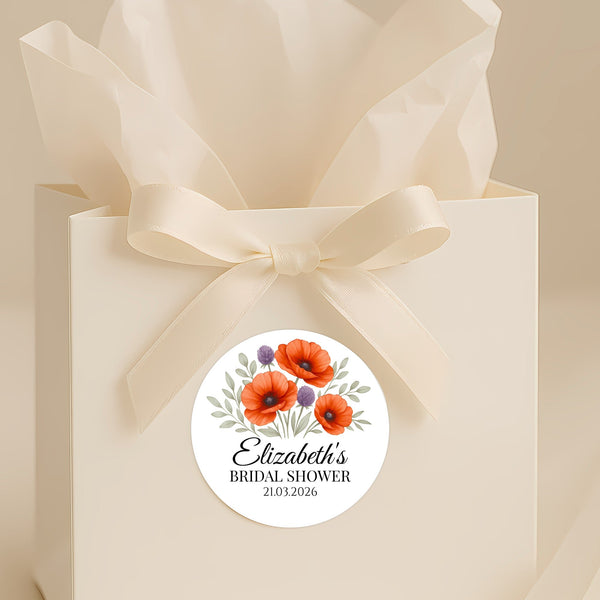 Personalised Orange Poppy Bridal Shower Stickers – Custom Name & Date – Watercolour Floral Favour Labels