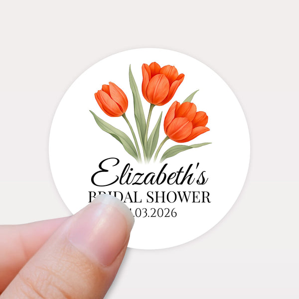 Personalised Orange Tulip Bridal Shower Stickers – Custom Name & Date – Watercolour Floral Favour Labels