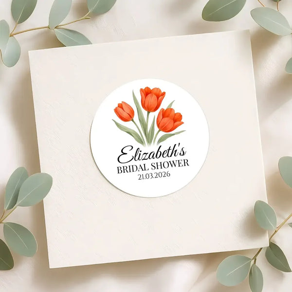 Personalised Orange Tulip Bridal Shower Stickers – Custom Name & Date – Watercolour Floral Favour Labels - Sticksy Prints Australia
