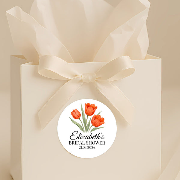 Personalised Orange Tulip Bridal Shower Stickers – Custom Name & Date – Watercolour Floral Favour Labels