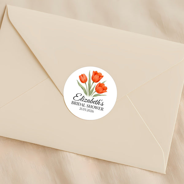 Personalised Orange Tulip Bridal Shower Stickers – Custom Name & Date – Watercolour Floral Favour Labels