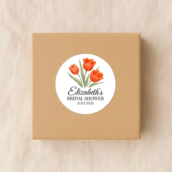 Personalised Orange Tulip Bridal Shower Stickers – Custom Name & Date – Watercolour Floral Favour Labels