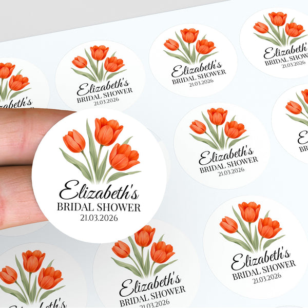 Personalised Orange Tulip Bridal Shower Stickers – Custom Name & Date – Watercolour Floral Favour Labels
