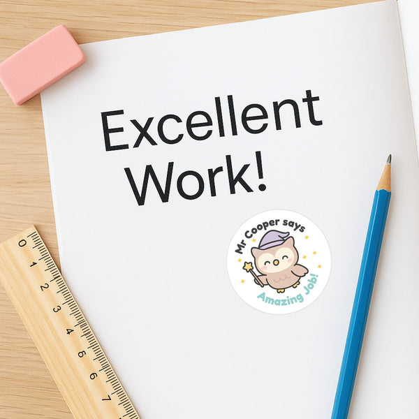 Personalised Owl Teacher Reward Stickers – Custom Name Classroom Praise Stickers