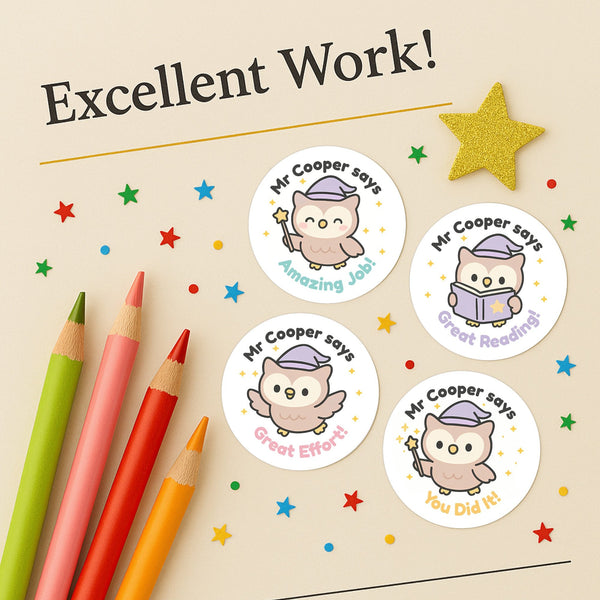 Personalised Owl Teacher Reward Stickers – Custom Name Classroom Praise Stickers