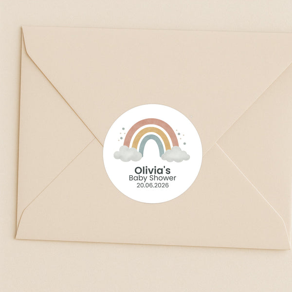 Personalised Pastel Rainbow Baby Shower Stickers – Scandi Boho Gender-Neutral Favour Labels