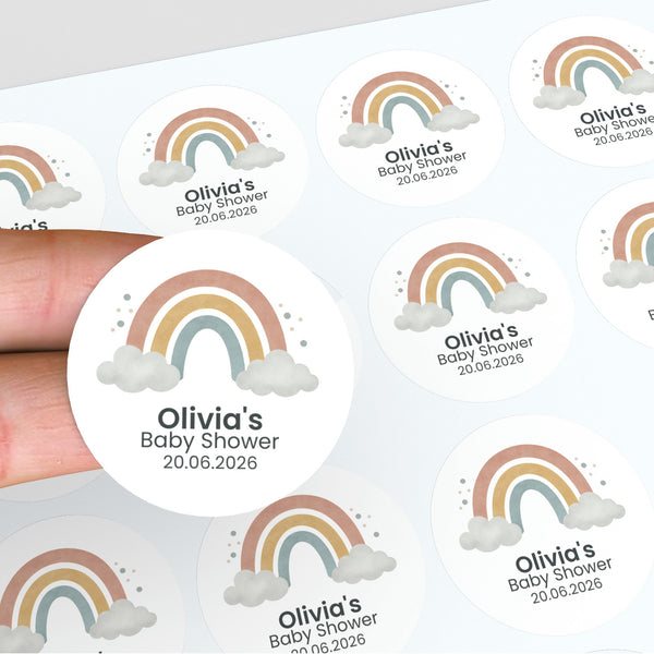 Personalised Pastel Rainbow Baby Shower Stickers – Scandi Boho Gender-Neutral Favour Labels