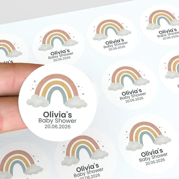 Personalised Pastel Rainbow Baby Shower Stickers – Scandi Boho Gender-Neutral Favour Labels - Sticksy Prints Australia