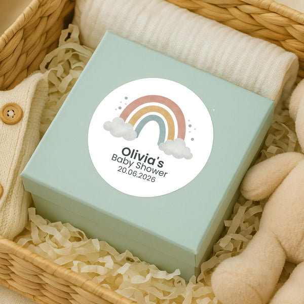 Personalised Pastel Rainbow Baby Shower Stickers – Scandi Boho Gender-Neutral Favour Labels