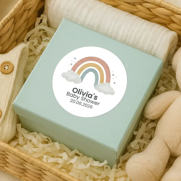 Personalised Pastel Rainbow Baby Shower Stickers – Scandi Boho Gender-Neutral Favour Labels - Sticksy Prints Australia