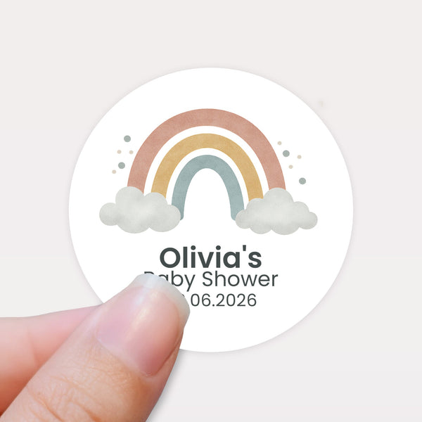 Personalised Pastel Rainbow Baby Shower Stickers – Scandi Boho Gender-Neutral Favour Labels