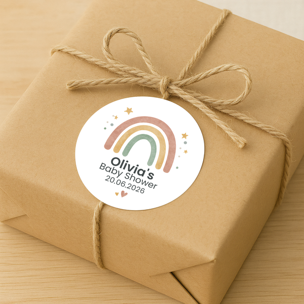 Personalised Pastel Rainbow Baby Shower Stickers with Stars – Scandi Boho Gender-Neutral Favour Labels