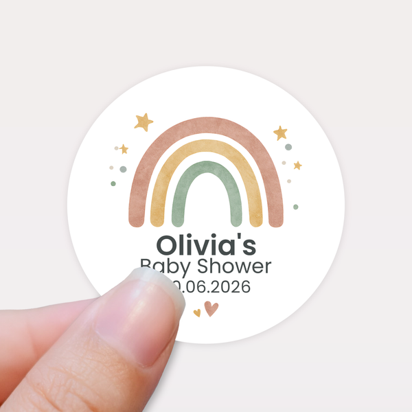 Personalised Pastel Rainbow Baby Shower Stickers with Stars – Scandi Boho Gender-Neutral Favour Labels