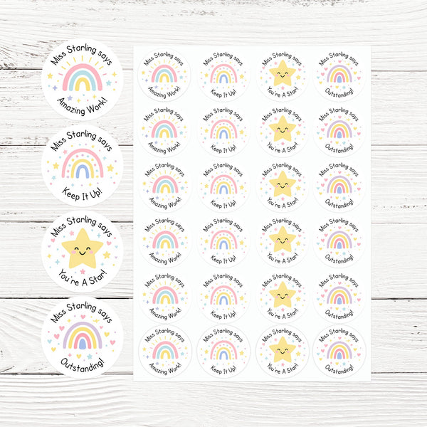 Personalised Pastel Rainbow & Star Teacher Reward Stickers – Custom Name Classroom Praise Labels