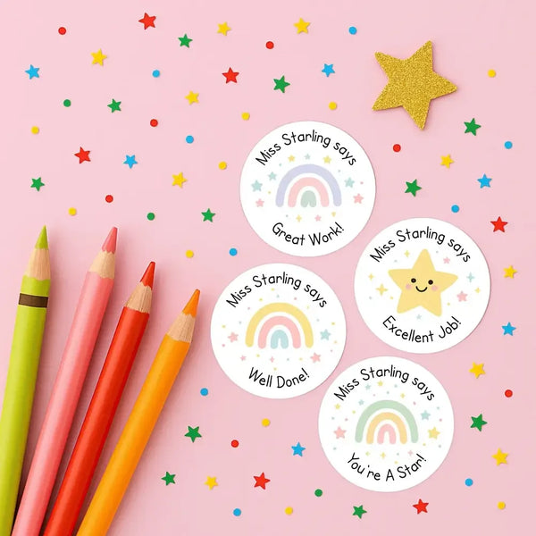 Personalised Pastel Rainbow & Star Teacher Reward Stickers – Custom Name Classroom Labels - Sticksy Prints Australia