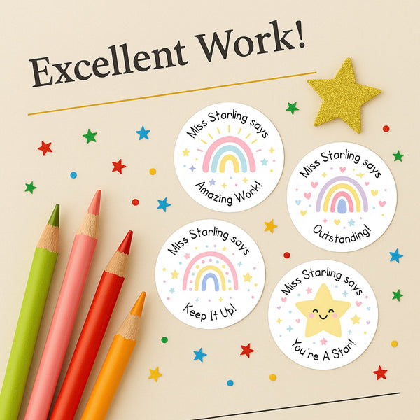 Personalised Pastel Rainbow & Star Teacher Reward Stickers – Custom Name Classroom Praise Labels