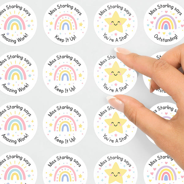 Personalised Pastel Rainbow & Star Teacher Reward Stickers – Custom Name Classroom Praise Labels