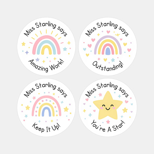 Personalised Pastel Rainbow & Star Teacher Reward Stickers – Custom Name Classroom Praise Labels