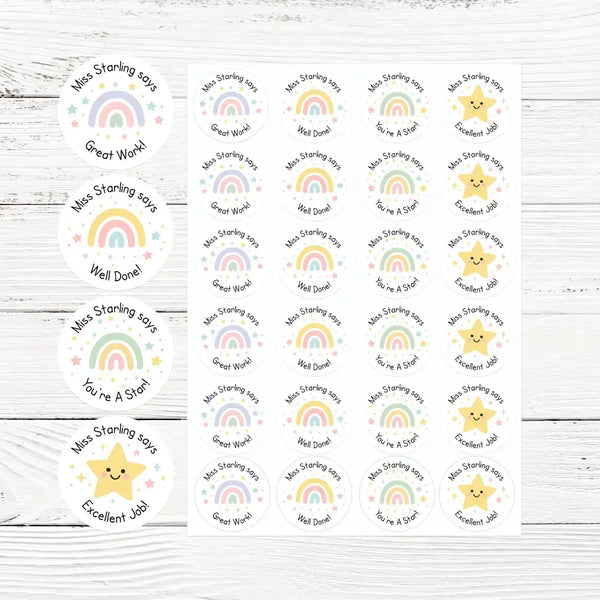 Personalised Pastel Rainbow & Star Teacher Reward Stickers – Custom Name Classroom Labels - Sticksy Prints Australia