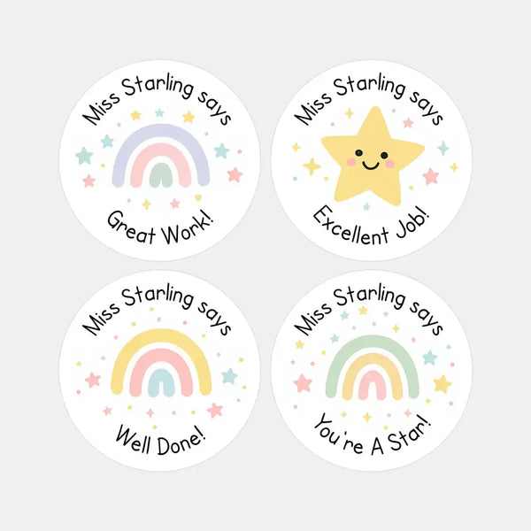 Personalised Pastel Rainbow & Star Teacher Reward Stickers – Custom Name Classroom Labels - Sticksy Prints Australia