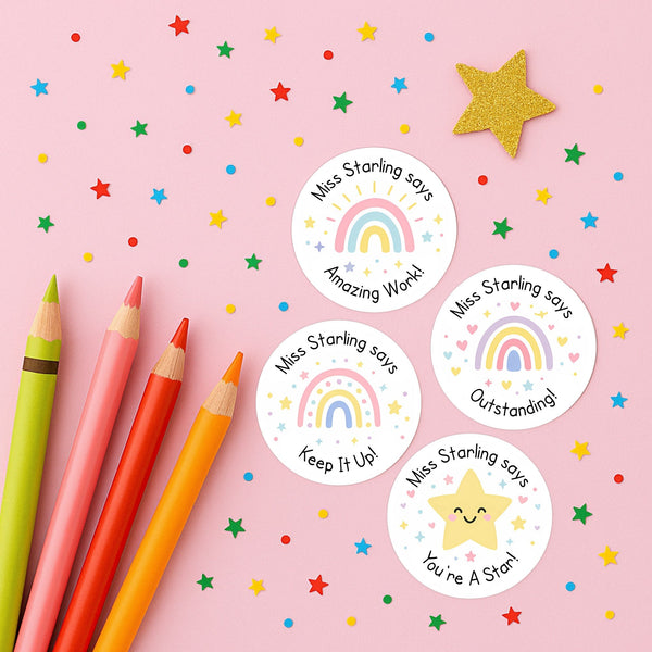 Personalised Pastel Rainbow & Star Teacher Reward Stickers – Custom Name Classroom Praise Labels