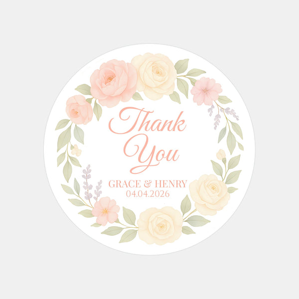 Personalised Peach & Blush Rose Wedding Thank You Stickers – Custom Floral Favour Labels