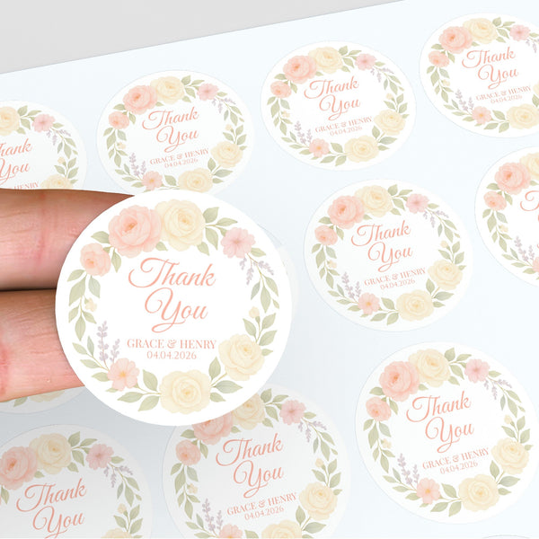 Personalised Peach & Blush Rose Wedding Thank You Stickers – Custom Floral Favour Labels