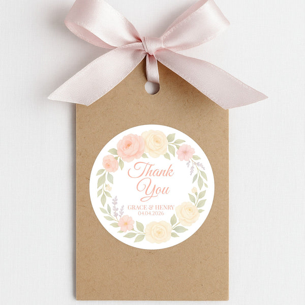 Personalised Peach & Blush Rose Wedding Thank You Stickers – Custom Floral Favour Labels