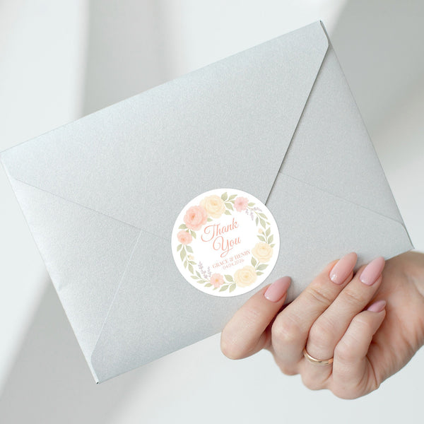 Personalised Peach & Blush Rose Wedding Thank You Stickers – Custom Floral Favour Labels