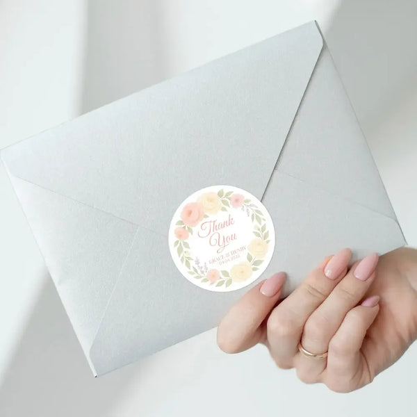 Personalised Peach & Blush Rose Wedding Thank You Stickers – Custom Floral Favour Labels - Sticksy Prints Australia