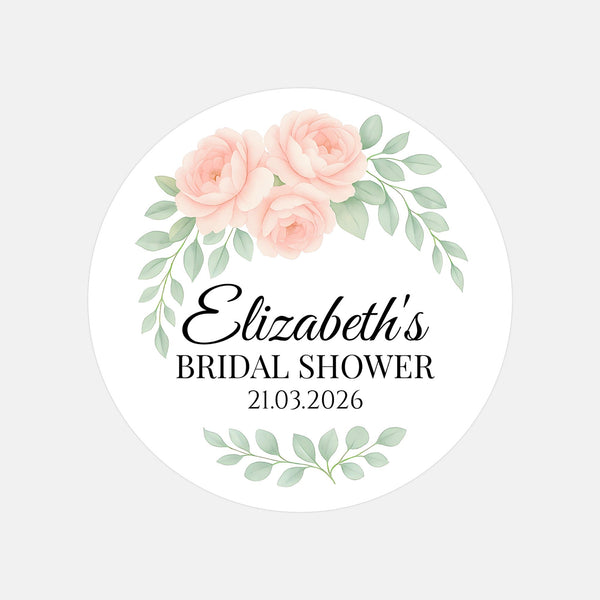 Personalised Peach Rose Bridal Shower Stickers – Custom Name & Date – Watercolour Floral Favour Labels