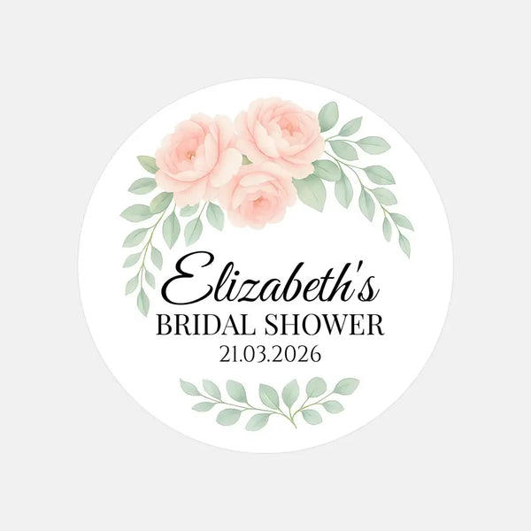 Personalised Peach Rose Bridal Shower Stickers – Custom Name & Date – Watercolour Floral Favour Labels - Sticksy Prints Australia