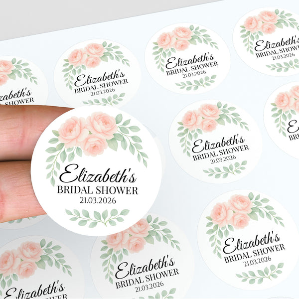 Personalised Peach Rose Bridal Shower Stickers – Custom Name & Date – Watercolour Floral Favour Labels