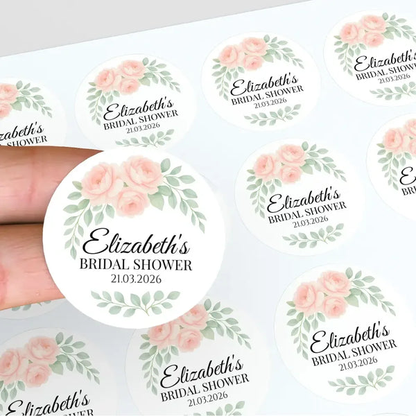 Personalised Peach Rose Bridal Shower Stickers – Custom Name & Date – Watercolour Floral Favour Labels - Sticksy Prints Australia