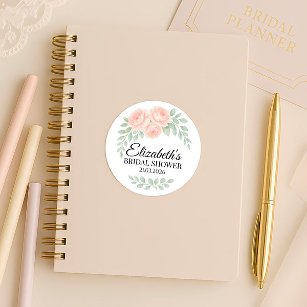 Personalised Peach Rose Bridal Shower Stickers – Custom Name & Date – Watercolour Floral Favour Labels