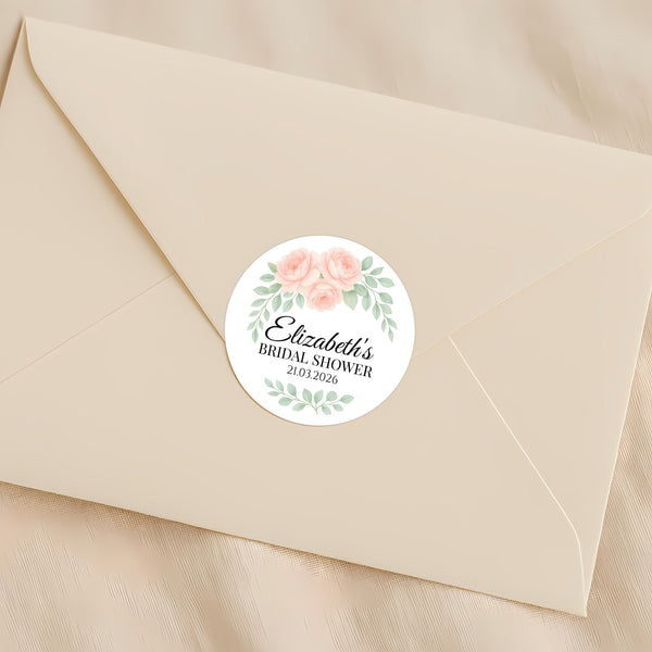 Personalised Peach Rose Bridal Shower Stickers – Custom Name & Date – Watercolour Floral Favour Labels