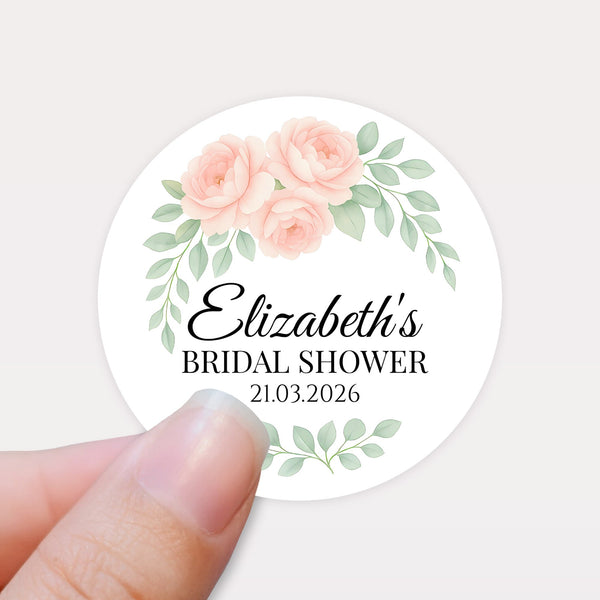 Personalised Peach Rose Bridal Shower Stickers – Custom Name & Date – Watercolour Floral Favour Labels