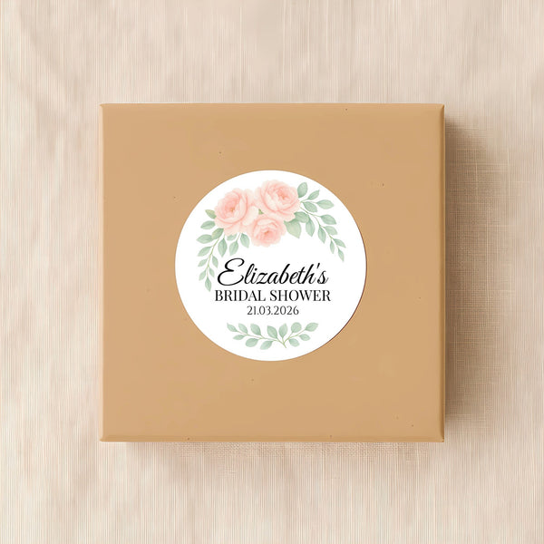 Personalised Peach Rose Bridal Shower Stickers – Custom Name & Date – Watercolour Floral Favour Labels