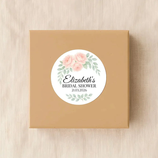 Personalised Peach Rose Bridal Shower Stickers – Custom Name & Date – Watercolour Floral Favour Labels - Sticksy Prints Australia
