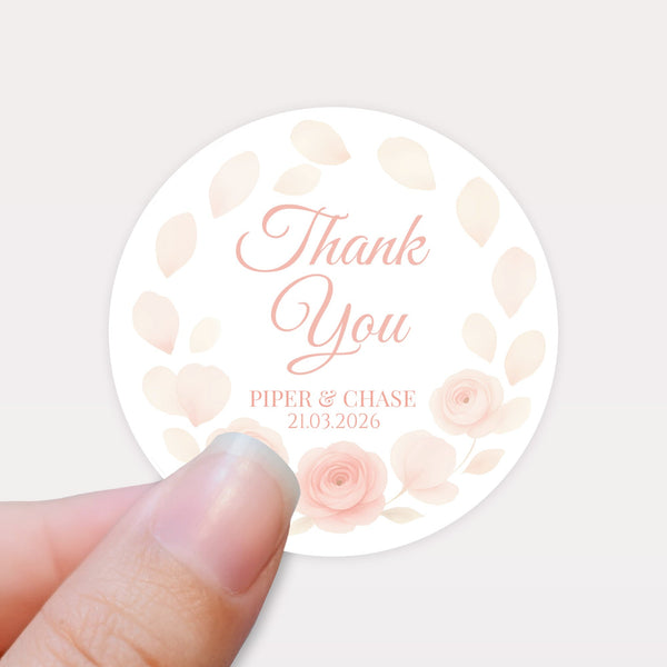 Personalised Peach Rose Petal Wedding Thank You Stickers – Custom Floral Favour Labels