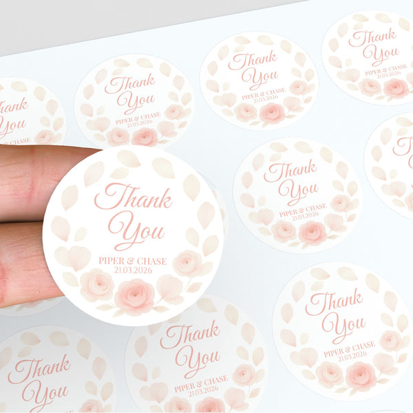 Personalised Peach Rose Petal Wedding Thank You Stickers – Custom Floral Favour Labels
